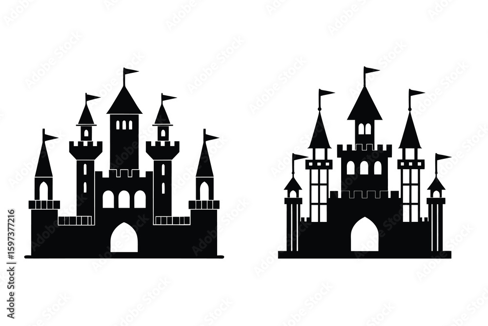 Obraz premium Medieval Castle Silhouette – Fortress with Towers and Gate Vector