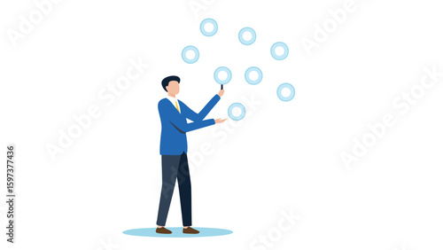 Illustration of a man in a blue suit juggling translucent spheres on a white background scene art