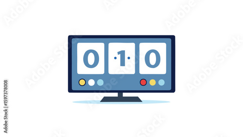 A blue television screen displays the number zero one zero with colored dots underneath it nicely shown