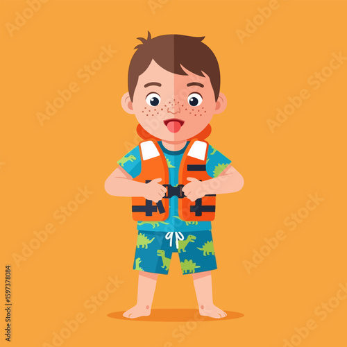 Playful Boy Putting on Orange Life Vest Ready for Summer Fun