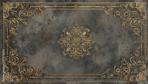 Ornate gold design on a dark gray textured background
