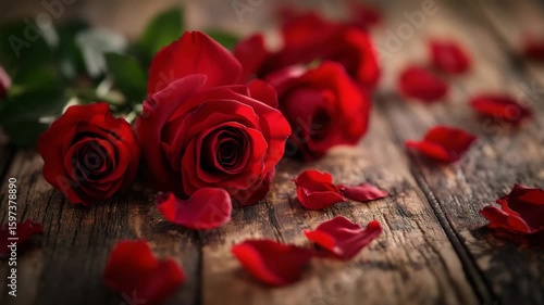 Red rose flower bloom with petals scattered on rustic wooden surface close up, showcasing romantic nature with vibrant red petals and soft natural light creating warm atmosphere