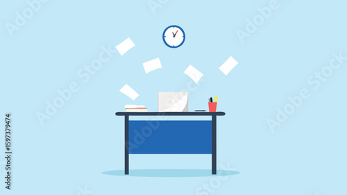 Illustration of a desk with laptop and papers flying with a clock on the wall background office