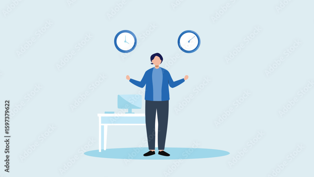 A person standing in an office with two clocks on the wall and a desk with a computer in the room A person standing in an office with two clocks on the wall and a desk with a computer in the room