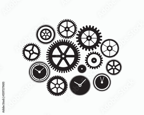 Gear icon vector set, black cogwheel vector collection, mechanical gear shapes, engineering symbols, industrial machinery, sprocket designs, abstract gearwheel graphics 