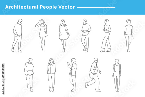 CAD Drawings. Set people outlines isolated on white background. Walking, standing etc. Vector illustration.	