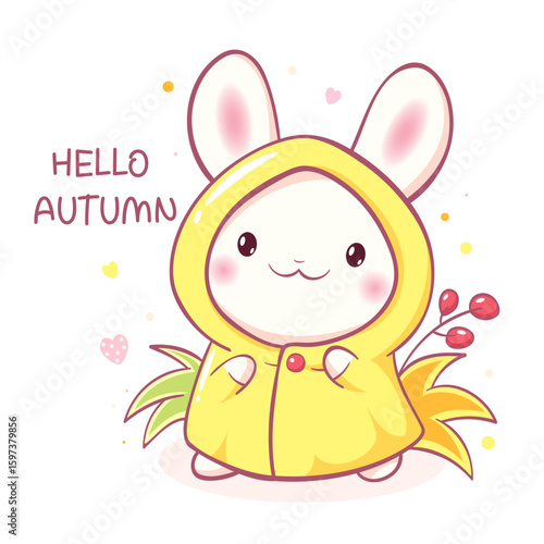 Hello autumn. Square card with kawaii little bunny in raincoat. Cute Baby rabbit in slicker of yellow color. Can be used for t-shirt print, sticker, seasonal greeting card. Vector illustration EPS8