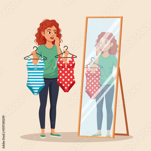 Pensive Woman Choosing Swimsuit Looking in Mirror Illustration