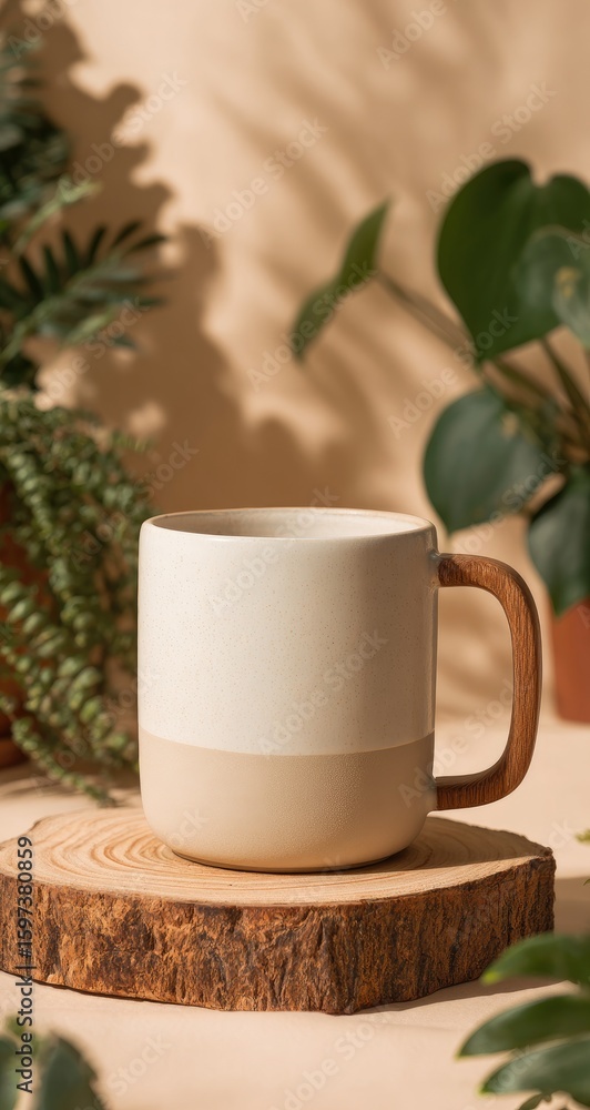 Fototapeta premium Beige and white mug on a wooden slice, surrounded by greenery