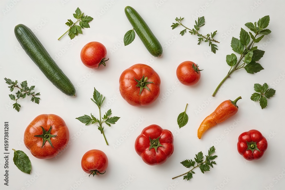 Overhead layout of fresh produce including red tomatoes, yellow bell pepper and mint leaves on white.
Overhead layout of fresh produce including red tomatoes, yellow bell pepper and mint leaves on white.