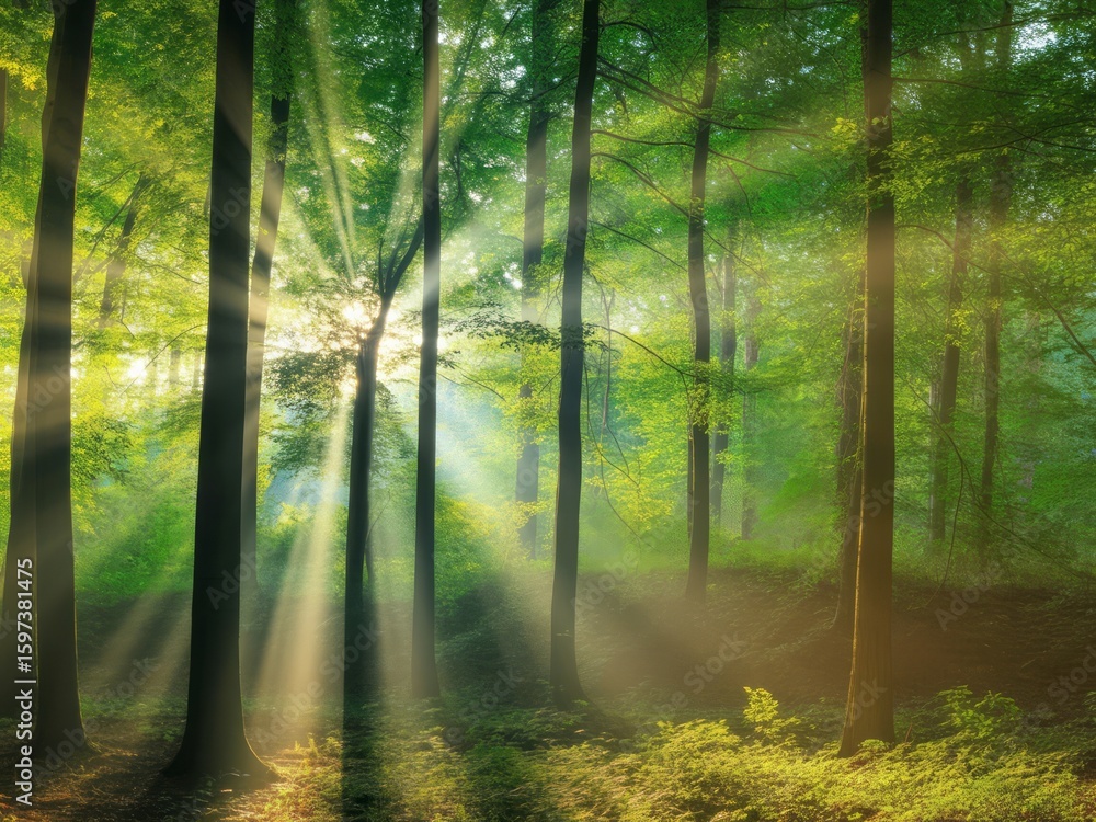Fototapeta premium Sunbeams through green forest canopy light rays trees