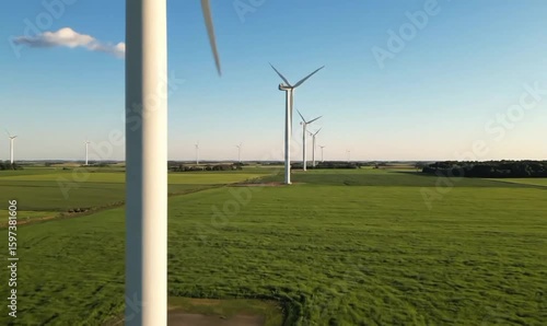 Aerial view of several wind turbines standing tall in a vast field under a clear blue sky