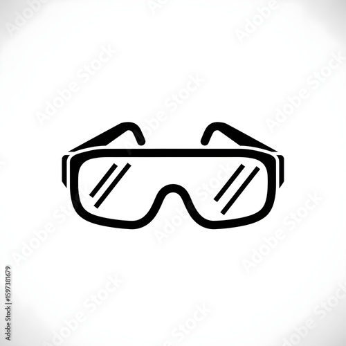 Black and white graphic illustration of protective eyewear, safety goggles, or glasses on a white background.