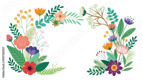 floral vector composition for wedding invite, wildflowers and greenery on sides, center area completely white and empty