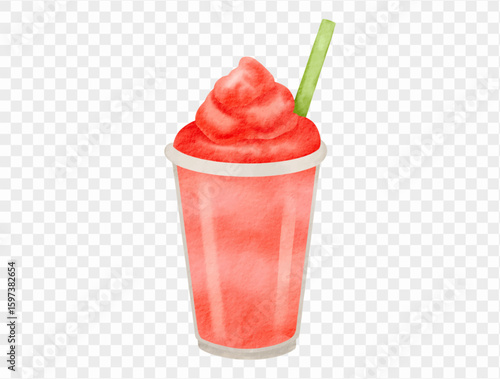 Watercolor illustration of a strawberry smoothie in a clear cup with green straw, perfect for summer designs. Vector.