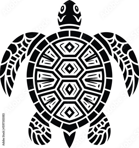 Intricate black and white turtle illustration depicting oceanic life and polynesian tattoo design