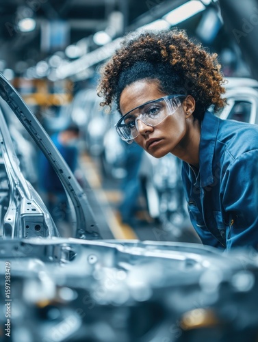 Inspecting automotive components manufacturing plant photo workshop environment close-up view industrial engineering