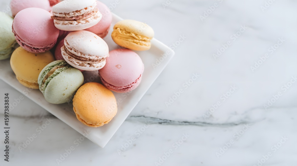 Fototapeta premium French macarons in soft colors stacked on a marble tray