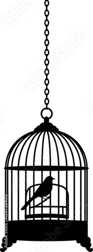 Silhouette bird in vintage cage hanging
