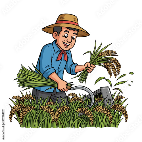 Cartoon character of farmer harvesting rice in green rice field, colored cartoon with line art and white background. AI generated image.