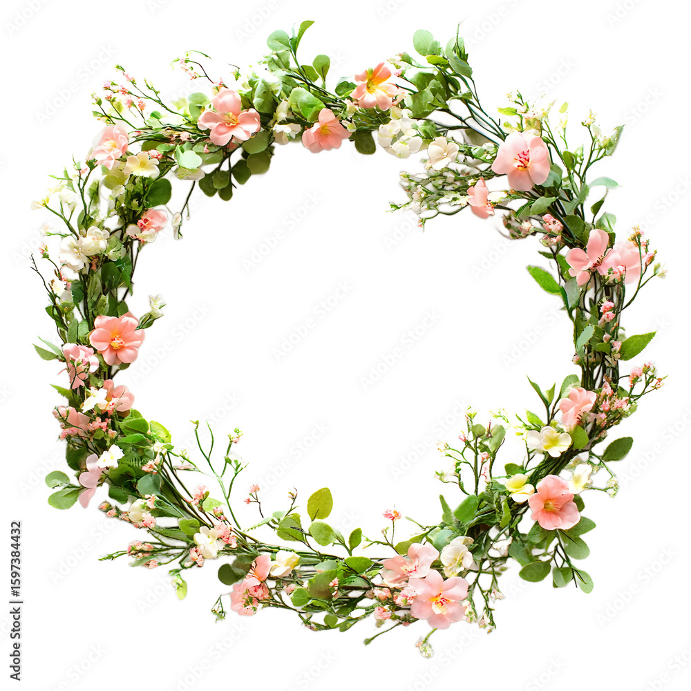 Fototapeta premium Delicate floral wreath with soft pink roses and greenery perfect for spring celebrations isolated on transparent background