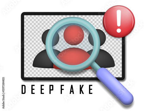 Vector illustration of deepfake detection using magnifying glass over digital faces, symbolizing identity verification and AI-generated content warning. Fake identity alert icon.