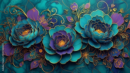 Fototapeta Naklejka Na Ścianę i Meble -  Luxurious teal and purple peonies with golden accents