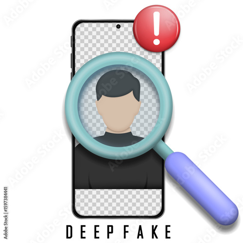 Vector illustration showing a magnifying glass scanning a faceless avatar on a smartphone screen with an exclamation mark, symbolizing deepfake detection and identity verification.