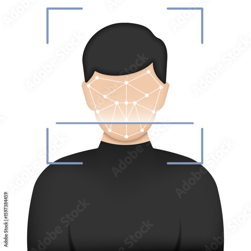 Vector illustration of a man s face being scanned with biometric facial recognition technology. Identity verification process using AI-powered face detection and recognition. Biometric scanning of a