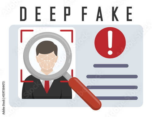 Flat vector illustration showing a magnifying glass inspecting a deepfake ID with facial recognition and alert symbol. Concept image of deepfake identity detection using biometric face scanning