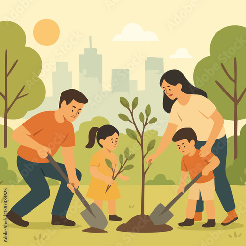 Family Planting a Tree in the City Park: Nurturing Nature Together