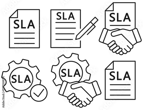 Vector set of SLA line icons representing agreement, partnership, contract signing, and service compliance. SLA icon set. Contract agreement line icon. Business compliance illustration.