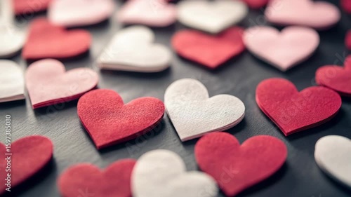 Red and white heart shapes scattered on dark textured background create romantic Valentine atmosphere with soft focus, warm love feeling, paper heart shape cutouts symbolizing affection and love