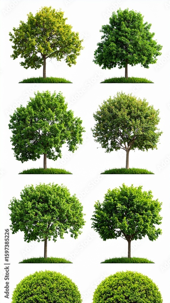 Fototapeta premium Seasonal Tree Variations Green Lush Foliage Isolated on White Background.