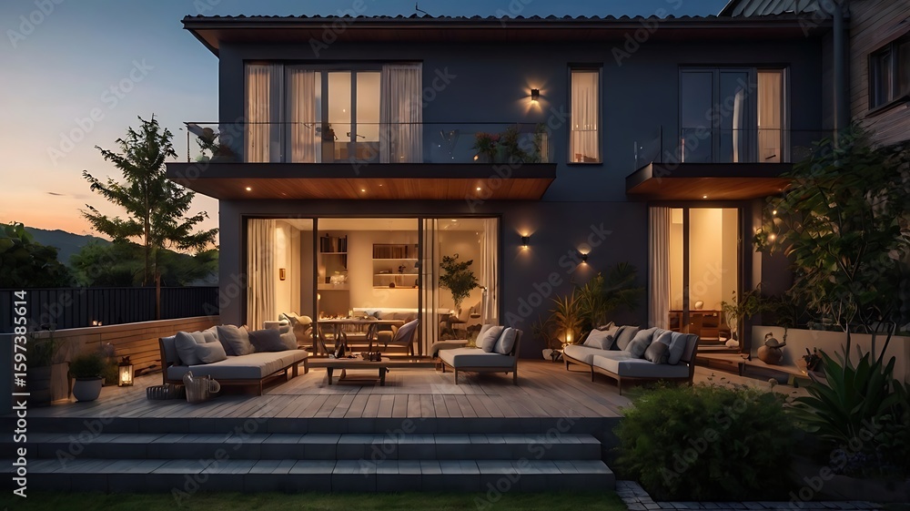 Obraz premium Evening terrace house scene with cozy interior lights and starry sky