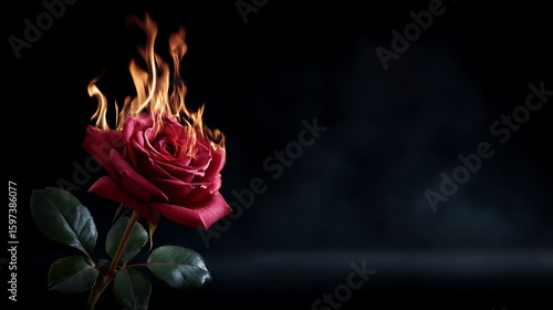 Burning rose a passion flame ignites against a dark romantic black background capturing fire flower beauty