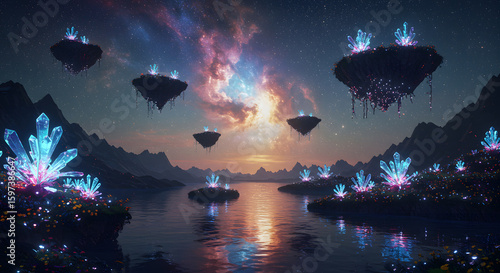 Surreal fantasy landscape with floating islands and a cosmic starlight river