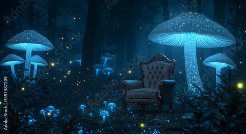 A lone vintage armchair in the middle of a bioluminescent alien forest at night