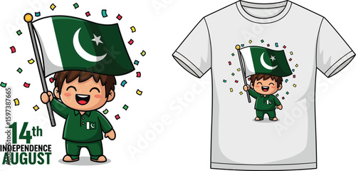 Cartoon boy celebrates Pakistan Independence Day holding flag with confetti.