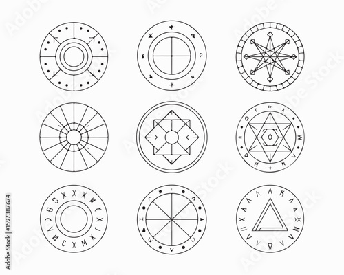 Collection of nine different circular occult symbols and geometric designs on a white background