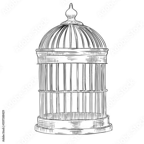 Bird cage vector sketch line art hand drawn illustration	
