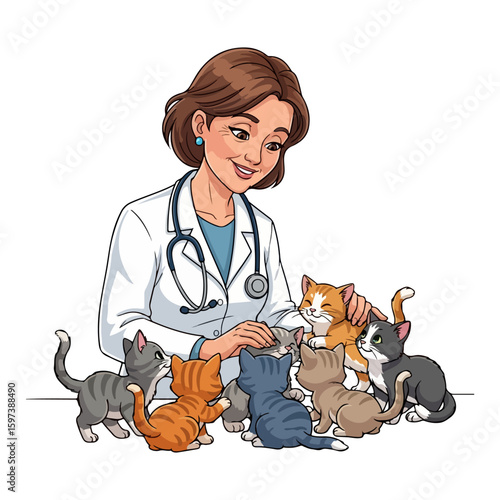 Cartoon character of veterinarian caring for stray kittens in shelter, colored cartoon with line art and white background. AI generated image.