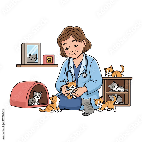 Cartoon character of veterinarian caring for stray kittens in shelter, colored cartoon with line art and white background. AI generated image.