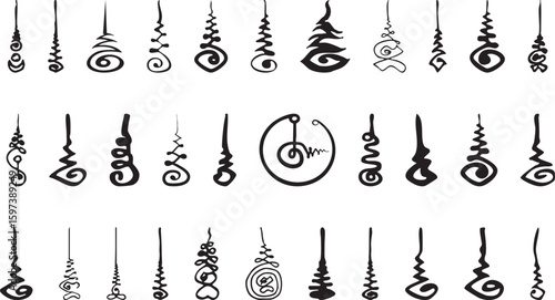 Thailand talisman set. Thai ancient traditional tattoo,Sak yant thai. Unalome symbol, Hindu or Buddhist sign representing path to enlightenment. Yantras Tattoo icon. Simple. isolated vector.