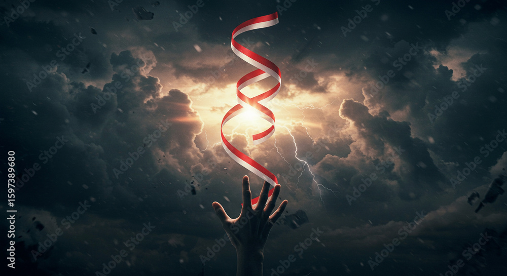 Obraz premium A dramatic hand reaching for a red and white DNA strand against a stormy sky, suggesting a connection between life and the unknown.