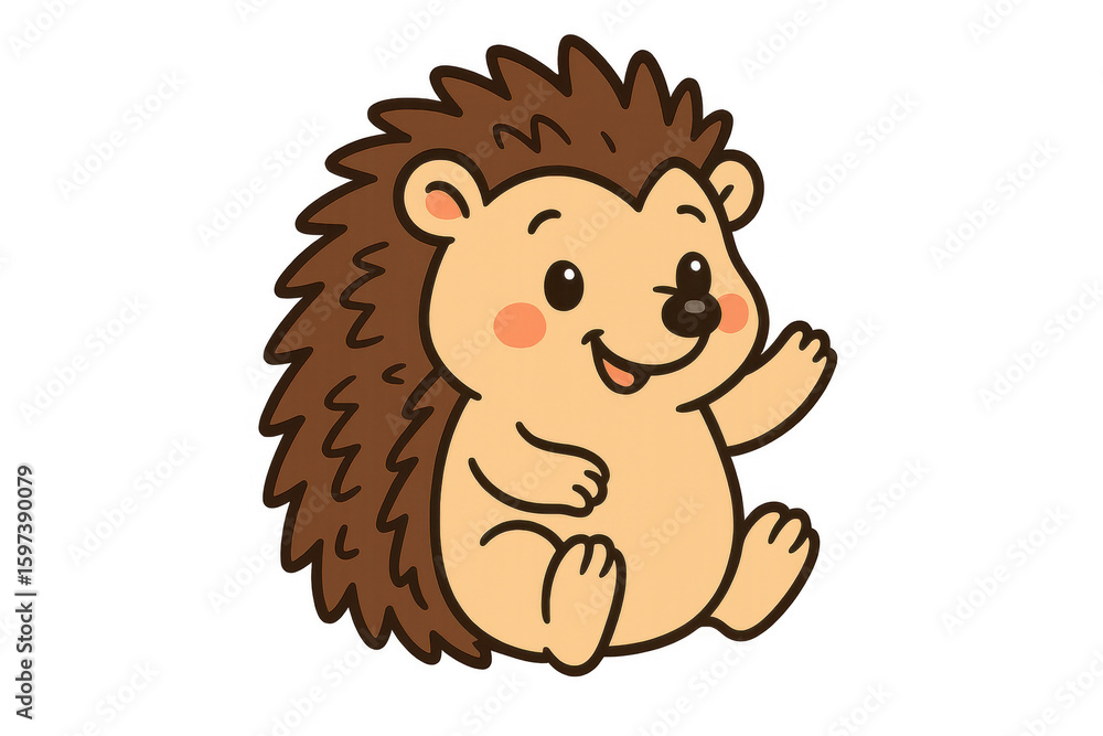 Obraz premium Cartoon hedgehog waving friendly paw, featuring cute woodland character design for playful children's graphics and cheerful greeting card artwork