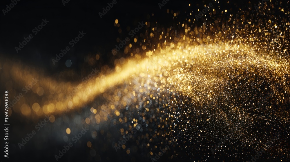 Fototapeta premium Golden particles swirling across a dark background.