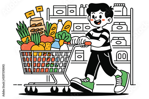 Grocery Shopping: Happy Customer with Full Cart Illustration