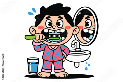 Brushing Teeth: Kid's Oral Hygiene Cartoon Illustration