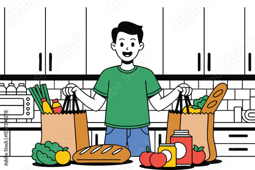 Grocery Shopping: Man Unpacking Fresh Produce & Goods